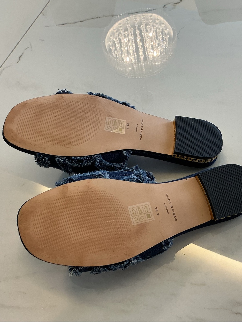 Kurt Geiger Distressed Denim Slide Mules with Gold Emblem - Picture 6 of 6